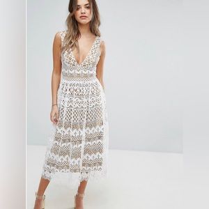 ASOS Boohoo V Neck Midi Lace Dress Ivory US 6